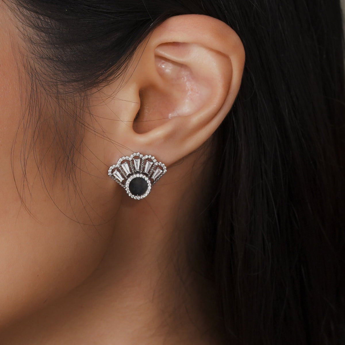 Oriental Fan Earring Studs in Black Jade