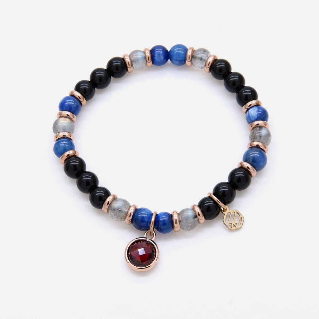 Kyanite Moonstone Black Obsidian Beaded Bracelet w/ Birthstone Charm