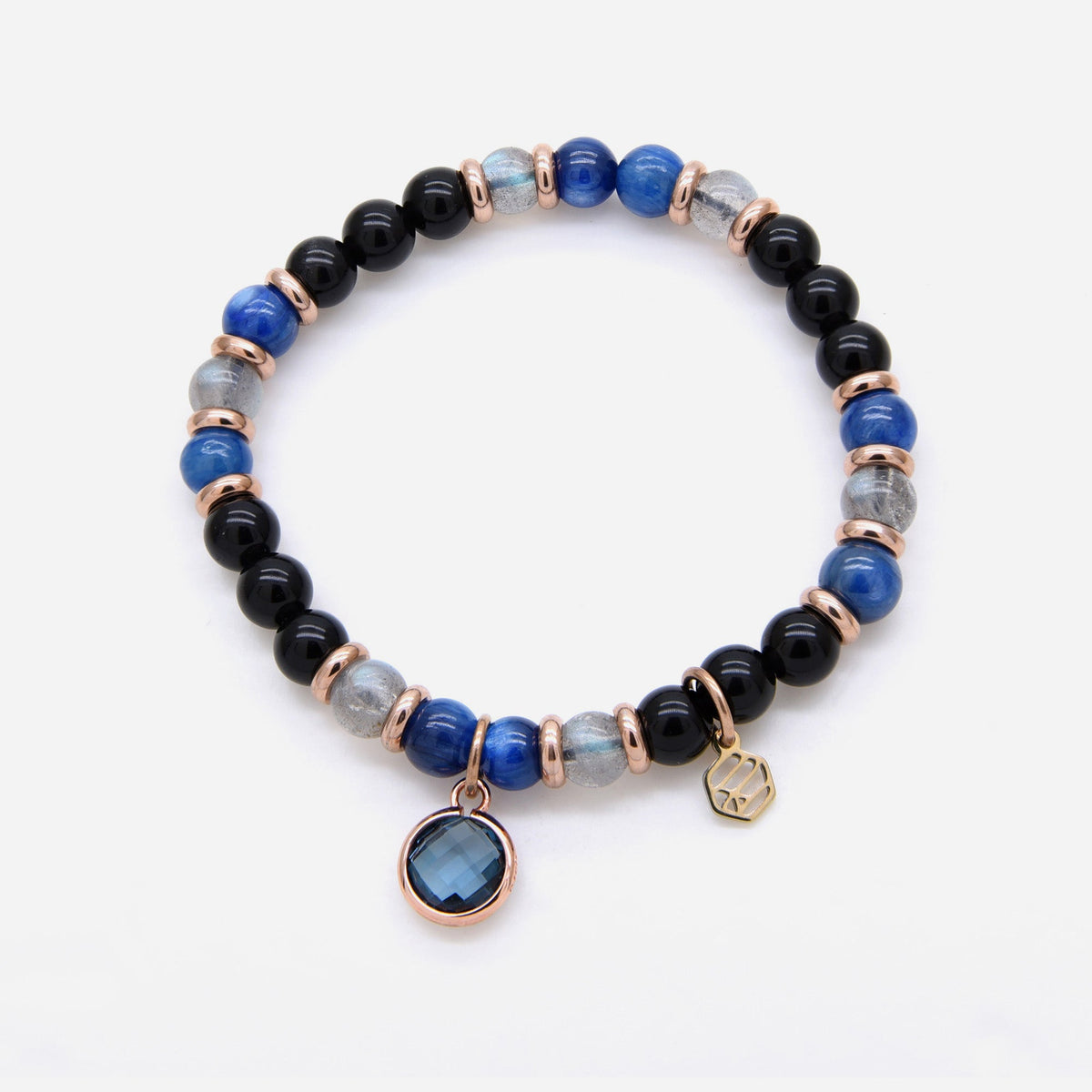 Kyanite Moonstone Black Obsidian Beaded Bracelet w/ Birthstone Charm