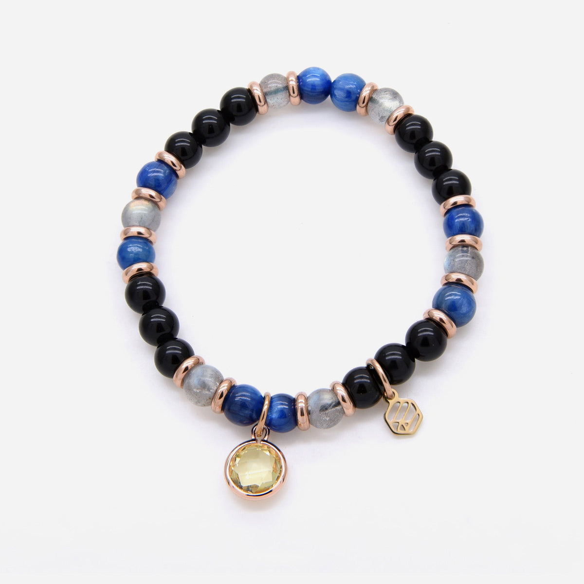 Kyanite Moonstone Black Obsidian Beaded Bracelet w/ Birthstone Charm