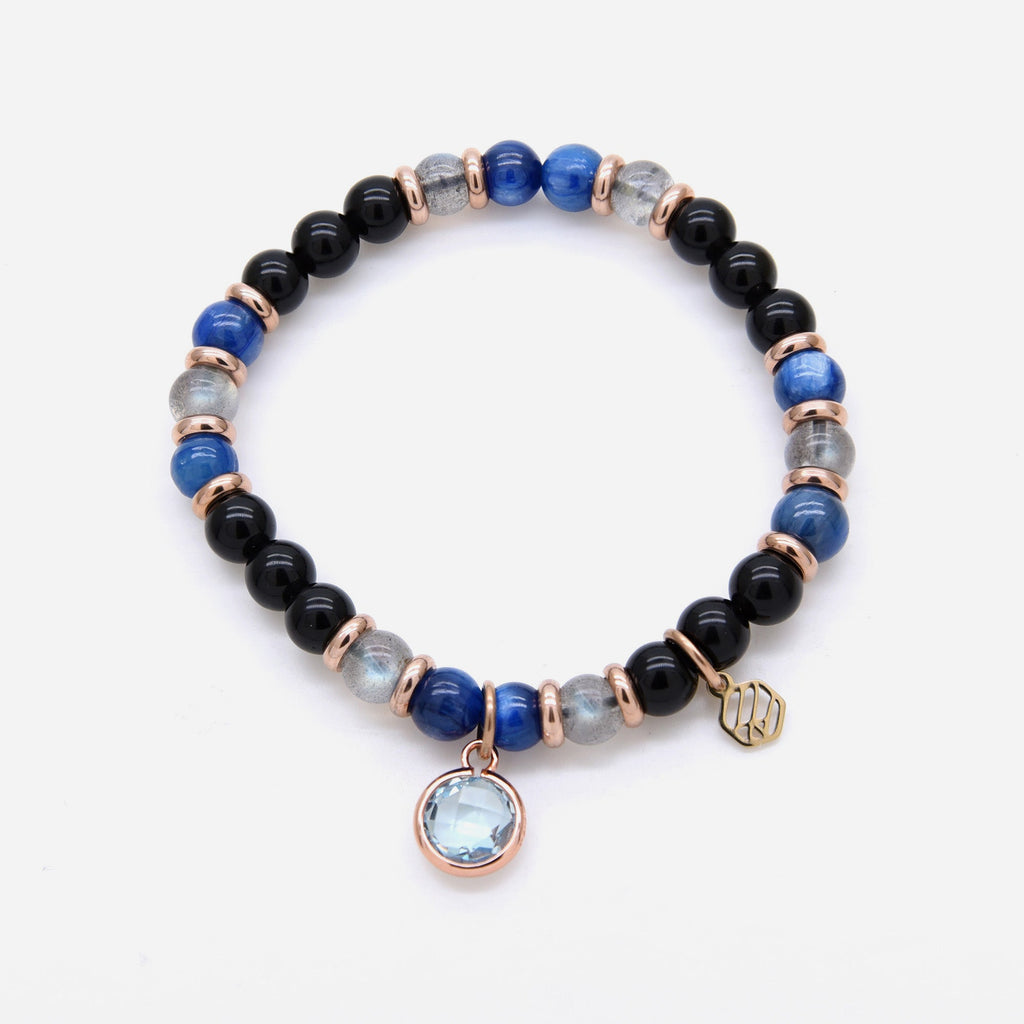 Kyanite Moonstone Black Obsidian Beaded Bracelet w/ Birthstone Charm