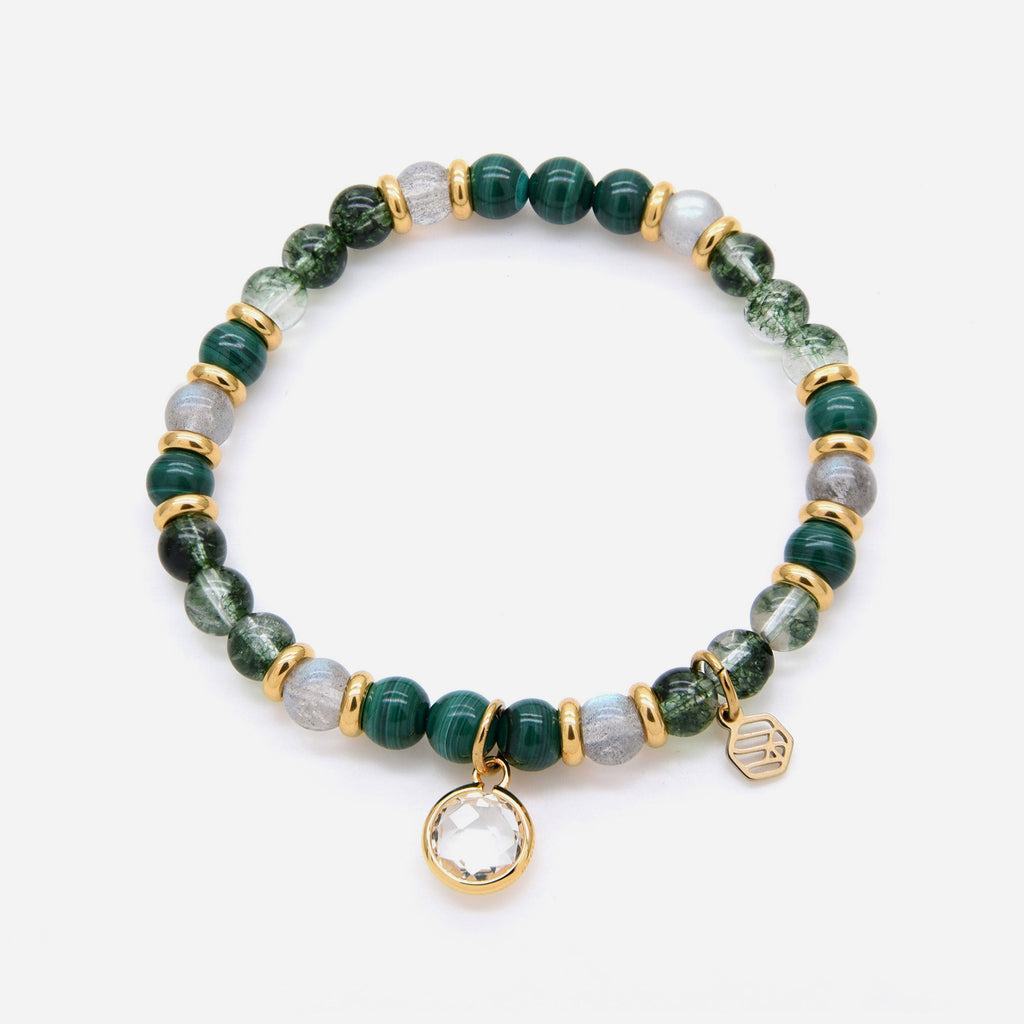 Malachite Moonstone Green Phantom Beaded Bracelet w/ Birthstone Charm